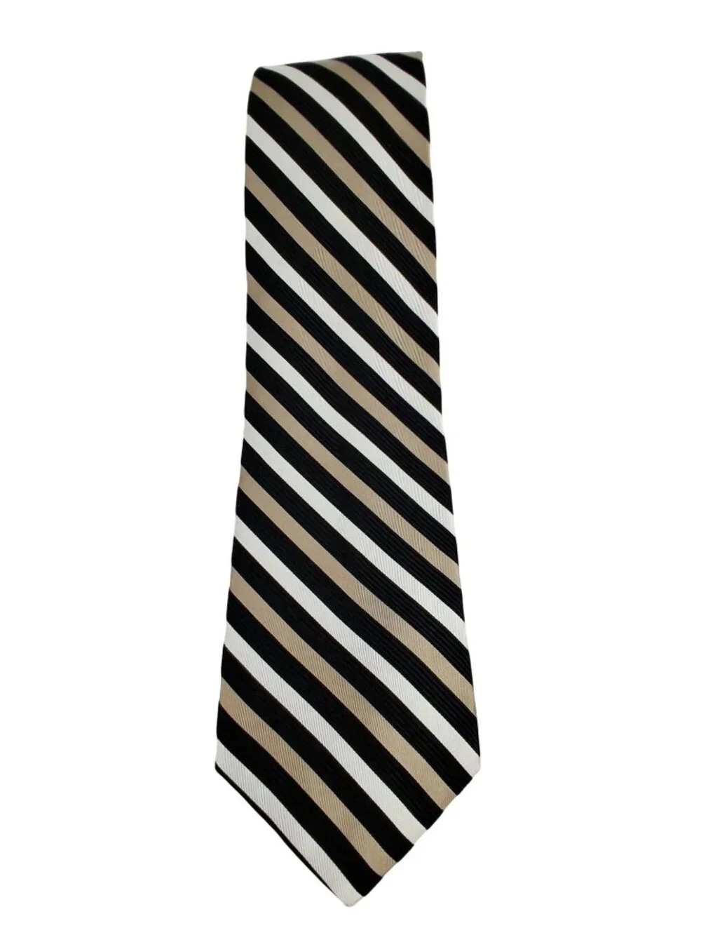 Izod Mens Striped 100% Silk Tie Black Beige White Diagonal Pattern 57